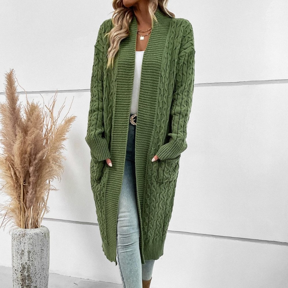 Green Casual Womens Dual Pocket Drop Shoulder Cable Knit Duster Cardigan - Picture 4 of 5
